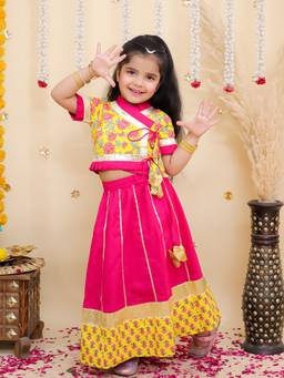 BownBee - Yellow Floral Cotton Blouse and Lehenga