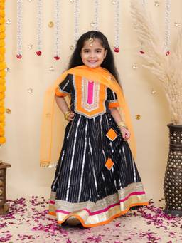 BownBee - Black Stripes Cotton Blouse with Lehenga and Dupatta