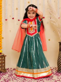 BownBee - Green Stripes Cotton Blouse with Lehenga and Dupatta