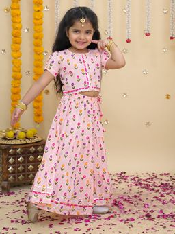 BownBee - Pink Floral Cotton Blouse and Lehenga