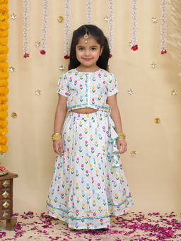 BownBee - White Floral Cotton Blouse and Lehenga