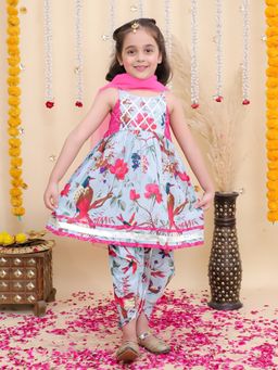 BownBee - Blue Floral Cotton Kurta with Dhoti and Dupatta