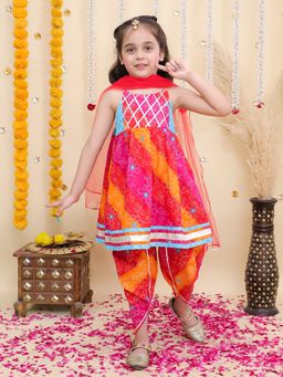 BownBee - Red Printed Cotton Kurta with Dhoti and Dupatta