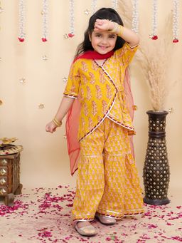 BownBee - Mustard Printed Cotton Kurta with Sharara and Dupatta