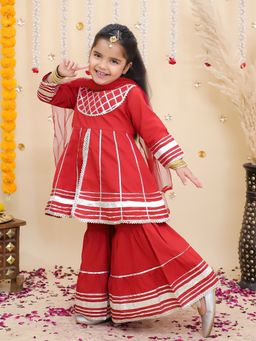 BownBee - Maroon Solid Cotton Kurta with Sharara and Dupatta