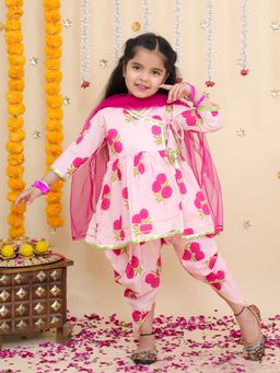 BownBee - Pink Floral Cotton Kurta with Dhoti and Dupatta