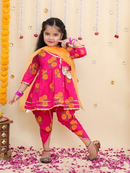 BownBee - Pink Floral Cotton Kurta with Dhoti and Dupatta