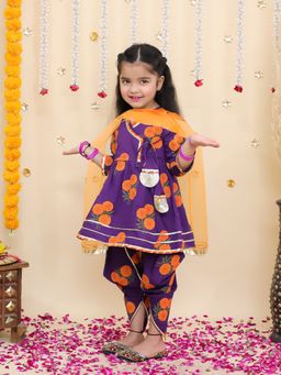 BownBee - Purple Floral Cotton Kurta with Dhoti and Dupatta