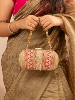 AMYRA - Naaz Capsule Clutch - Red And Gold