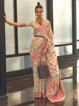 Akhilam - Women's Silk Blend Cream Woven Designer Saree with Unstitched Blouse