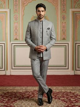 Jompers - Grey Woven Jacquard Indo-Western Set