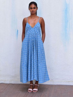 Chidiyaa - Smell Of Rain Cerulean Mist Hand Block Printed Cotton Dress