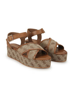 Guess - Women Beige and Brown Solid Backstrap Buckle Wedges Heels