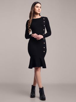 IKI CHIC - Black Knitted Dress with Side Button Placket