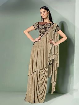 Odette - Beige Lycra Designer Saree with Unstitched Blouse