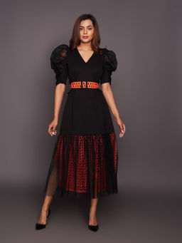 Deepika Arora - Black & Orange Cutwork Lace Midi Dress With Belt (Set of 2)