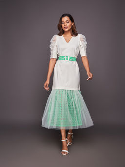 Deepika Arora - White & Green Cutwork Lace Midi Dress With Belt (Set of 2)
