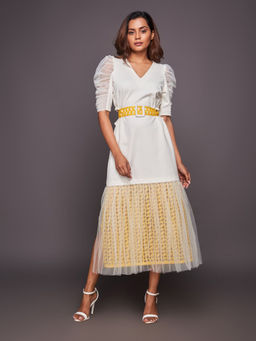 Deepika Arora - White & Yellow Cutwork Lace Midi Dress With Belt (Set of 2)
