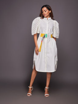 Deepika Arora - White Cotton Shirt Dress With Belt (Set of 2)