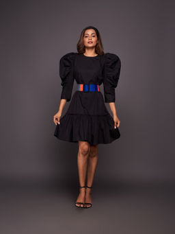 Deepika Arora - Black Balloon Sleeves Cotton Dress With Belt (Set of 2)