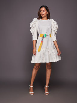 Deepika Arora - White Balloon Sleeves Cotton Dress With Belt (Set of 2)