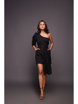 Deepika Arora - Black One Shoulder Playsuit With Belt (Set of 2)