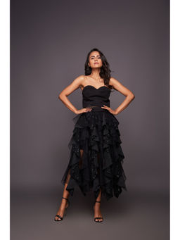 Deepika Arora - Black Corset Top With Sequin Ruffled Skirt (Set of 2)