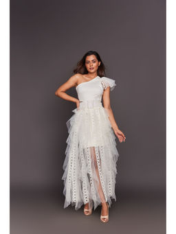 Deepika Arora - White One Shoulder Ruffled Maxi Dress With Belt (Set of 3)