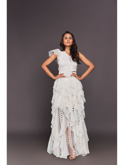 Deepika Arora - White One Shoulder Sequined Ruffled Maxi Dress With Belt (Set of 3)