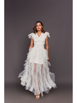 Deepika Arora - White V Neck Ruffled Dress With Inner Skirt And Belt (Set of 3)