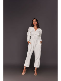 Deepika Arora - White Sequin Sleeves Jumpsuit With Belt (Set of 2)