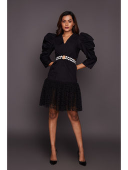 Deepika Arora - Black Side Cut-out Knee Length Dress With Belt (Set of 2)