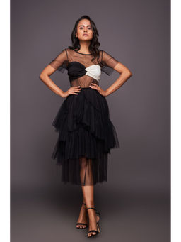 Deepika Arora - Black Ruffled Midi Dress With Inner Skirt And Bustier (Set of 3)