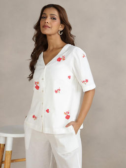 Fabindia - White Cotton Linen Hand Embroidered Top