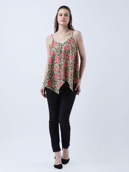 Qurvii - Olive Cotton Block Print Spaghetti Top