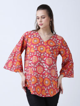 Qurvii - Maroon Cotton Block Print A-Line Top