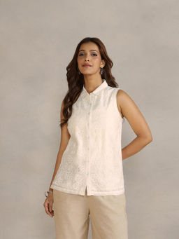 Fabindia - Beige Cotton Silk Chikankari Top
