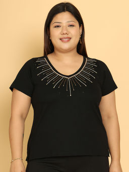 theRebelinme - Plus Size Women Black V-Neck Embroidered Top