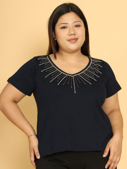 theRebelinme - Plus Size Women Navy Blue V-Neck Embroidered Top