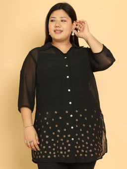 theRebelinme - Plus Size Women Black Collar Neck Embroidered Shirt