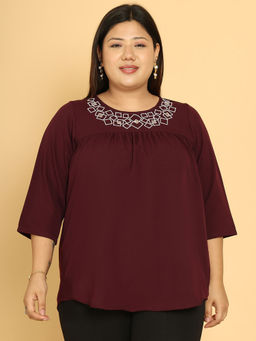 theRebelinme - Plus Size Women Burgundy Round Neck Embroidered Top