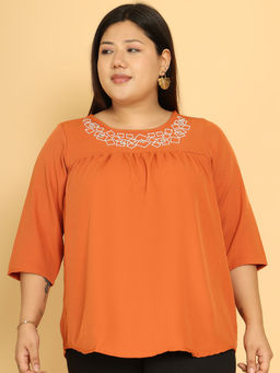 theRebelinme - Plus Size Women Orange Round Neck Embroidered Top