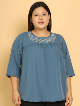 theRebelinme - Plus Size Women Blue Round Neck Embroidered Top