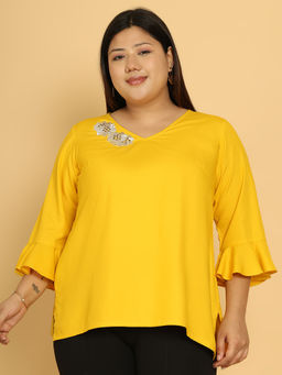 theRebelinme - Plus Size Women Yellow V-Neck Embroidered Top