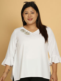 theRebelinme - Plus Size Women White V-Neck Embroidered Top