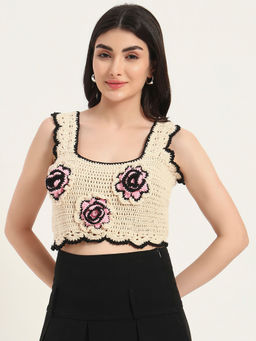 SUGERCANDY - Lily Loop Crochet Handmade Beige Crop Top