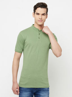 CRIMSOUNE CLUB - Men Olive Printed Mandarin Collar T-shirt