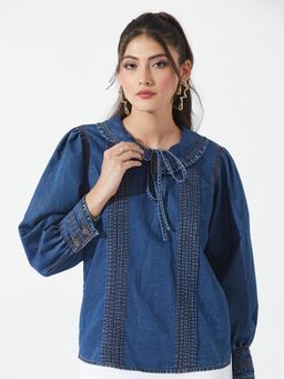Miss Chase - Blue Solid/Plain Collar Neck Regular Top