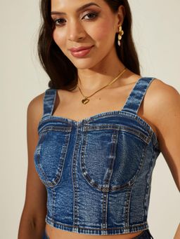 Miss Chase - Blue Solid/Plain Sweetheart Crop Top