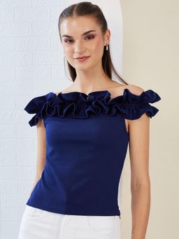 Miss Chase - Navy Blue Solid/Plain Off Shoulder Regular Top